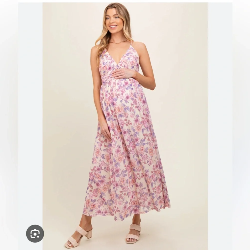 Pink Floral Mesh Maternity Maxi Dress - Picture 1 of 7